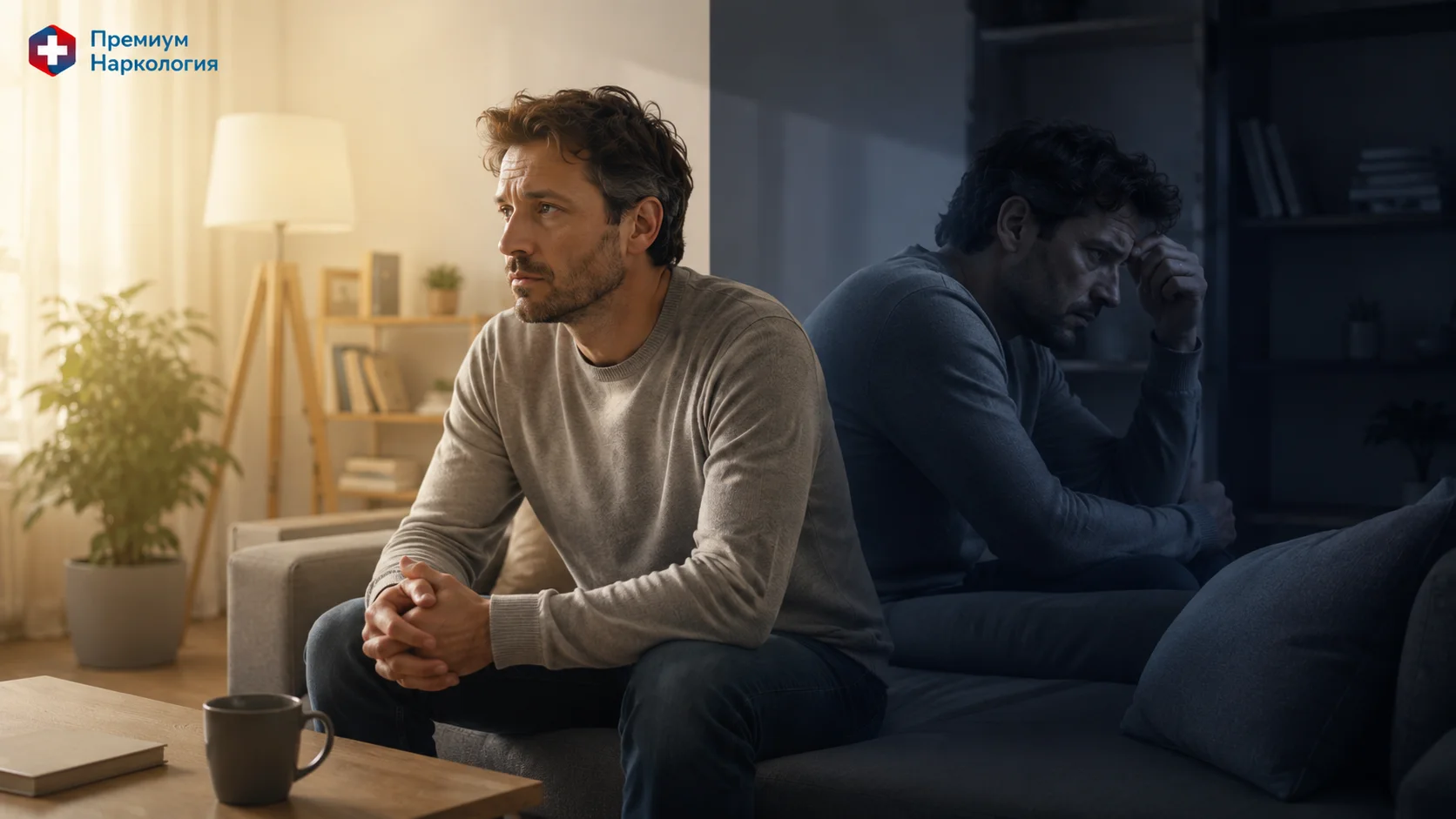 Мужчина сидит в гостиной, а композиция изображения разделена на светлую и тёмную части, визуально передавая перепады настроения и эмоциональную нестабильность при циклотимии.